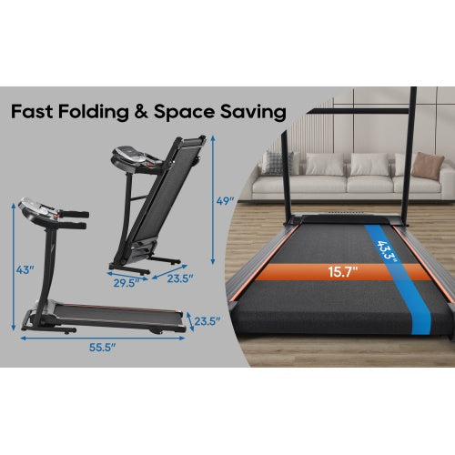 NEW Home Folding Treadmill With Pulse Sensor, 2.5 HP Quiet Brushless Motor , 7.5 MPH, 300LBS Weight Capacity Walking Jogging Machine With 3 Level Incline 12 Preset Programs For Home Gym